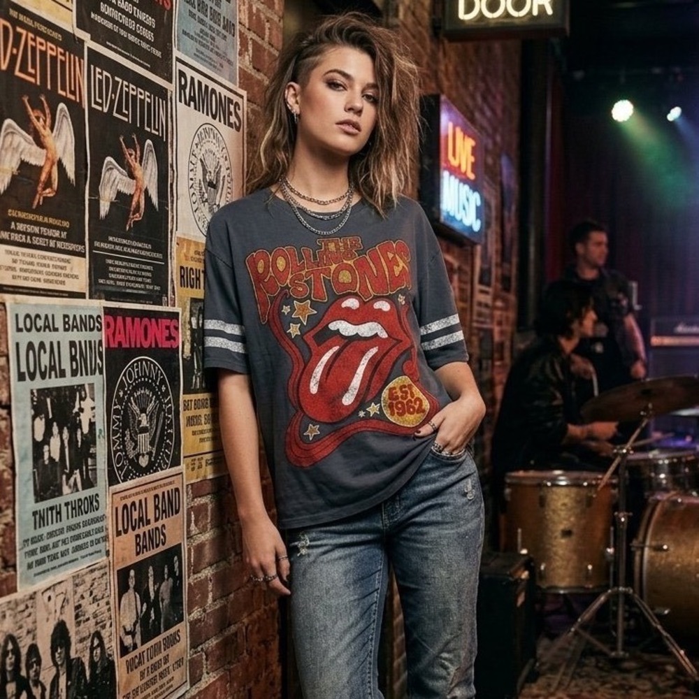 Rolling Stones Graphic T-Shirt Gray Varsity Stripe Rock Band Tee Small 4-6